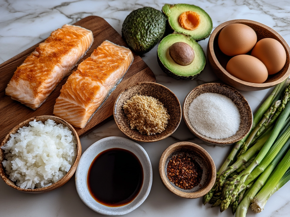 Ingredients for Baked Salmon Sushi Cups including sushi rice, salmon, soy sauce, nori, and avocado
