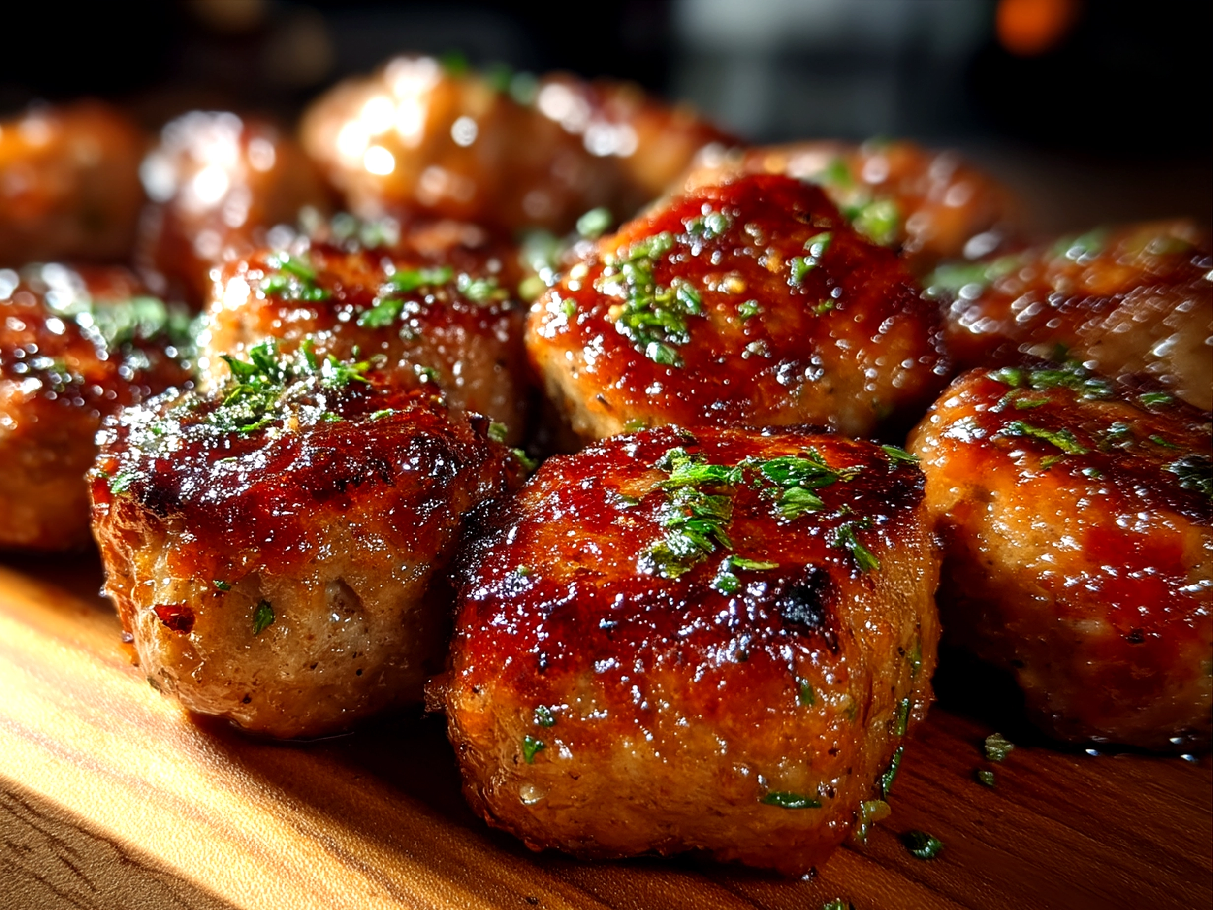 Plated BBQ sausage bites garnished with fresh parsley on a serving platter