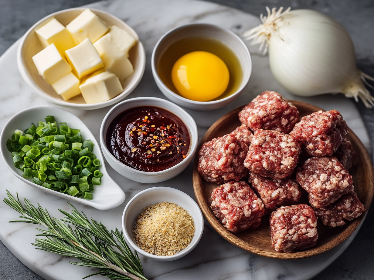 Ingredients for BBQ sausage bites laid out on a wooden table