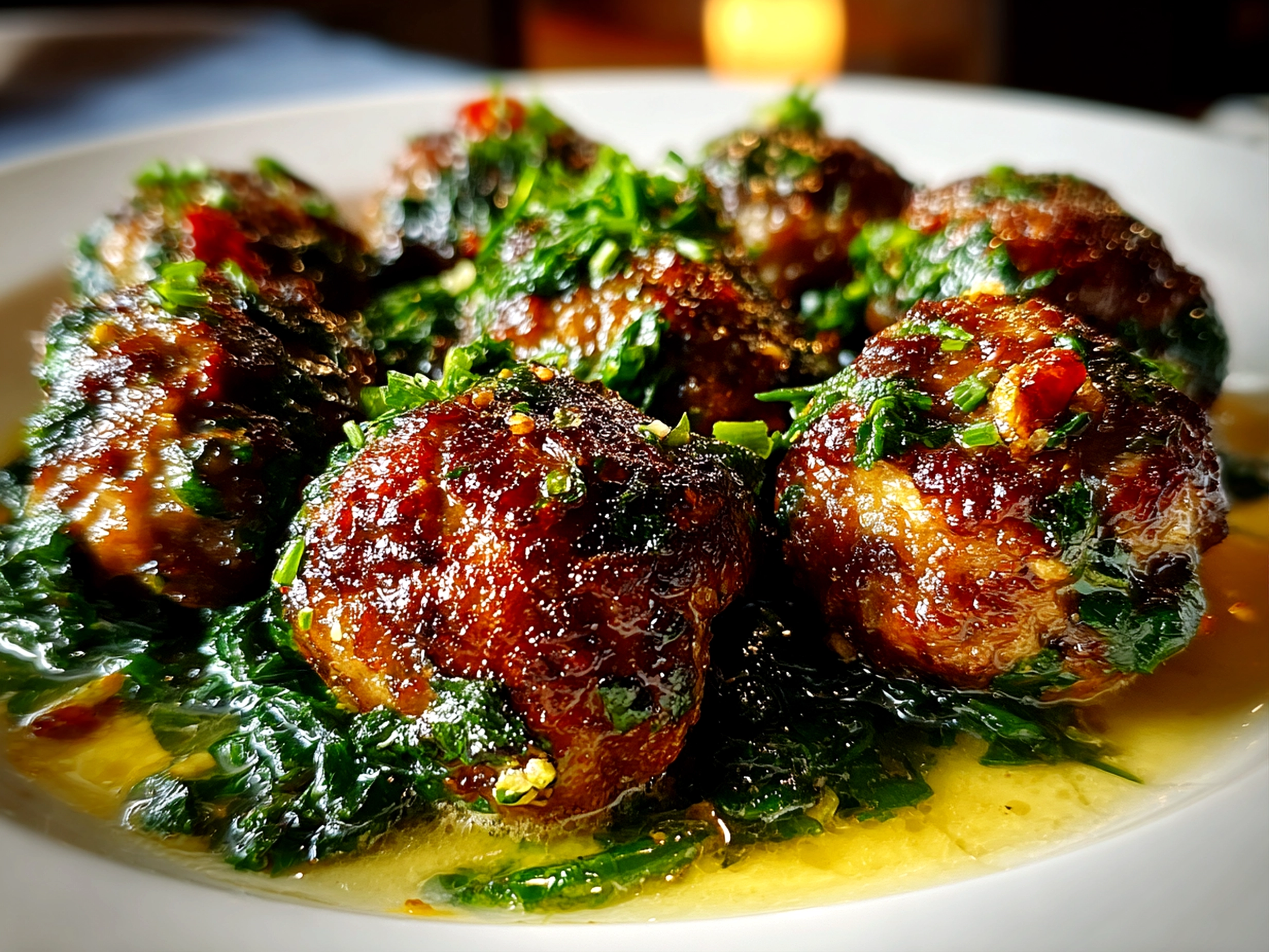 Beautiful homemade spinach garlic meatballs plated on white dish