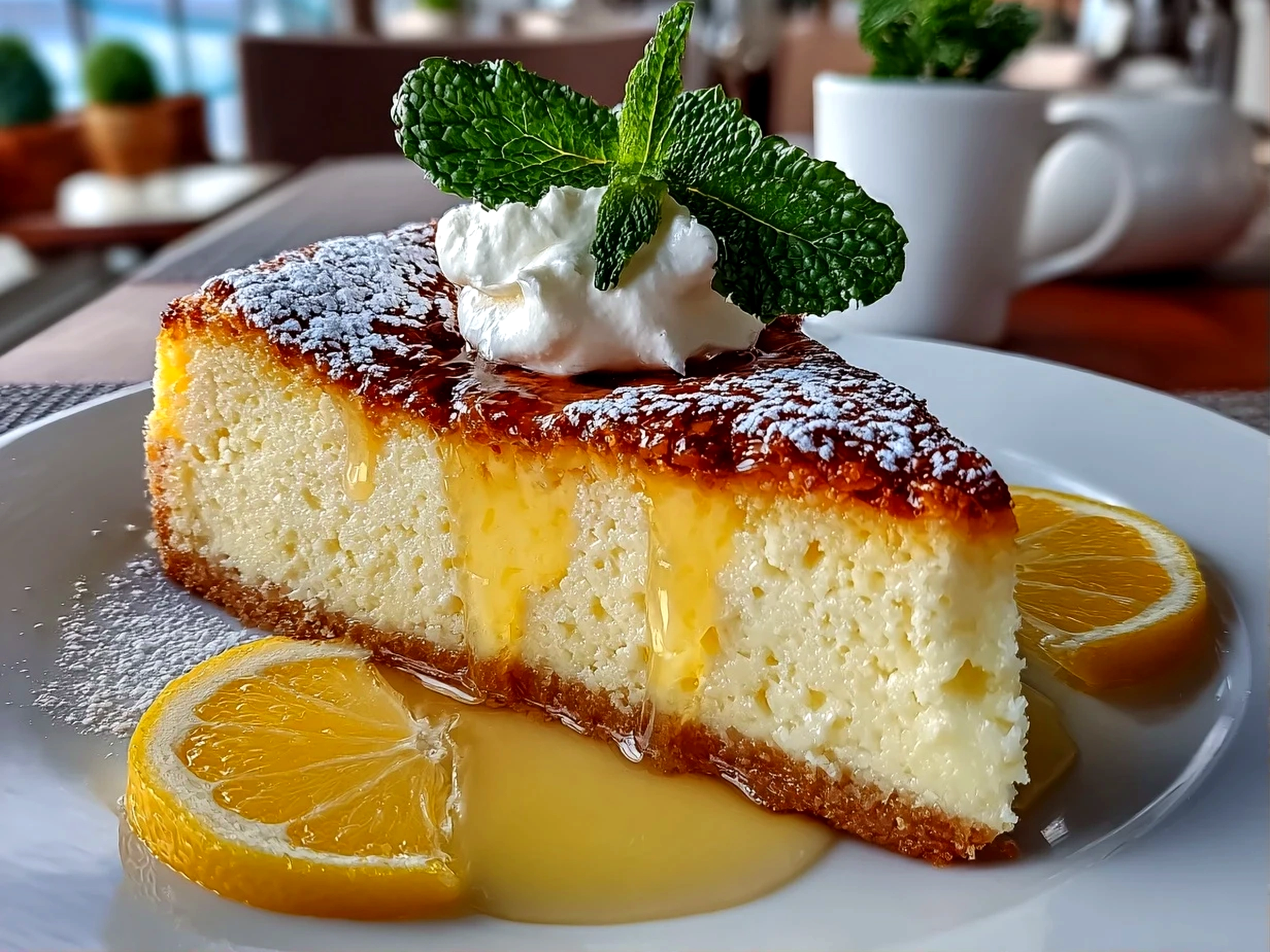 Beautiful lemon custard cake on white plate