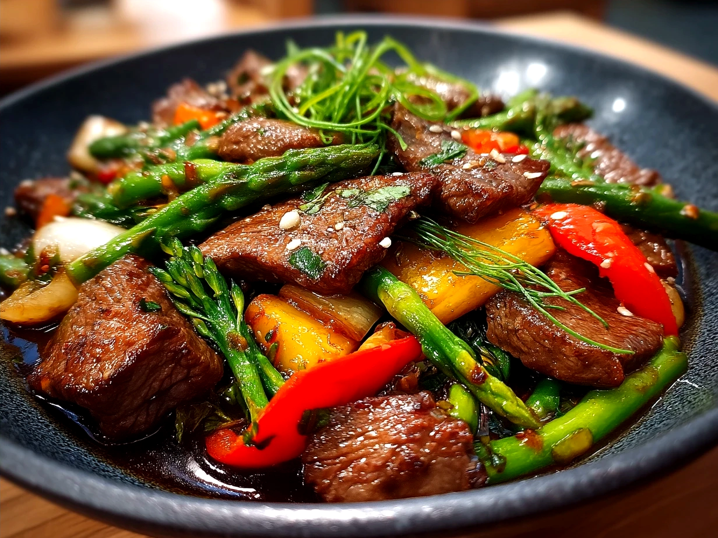 Freshly cooked beef stir fry served over steamed rice with colorful vegetables
