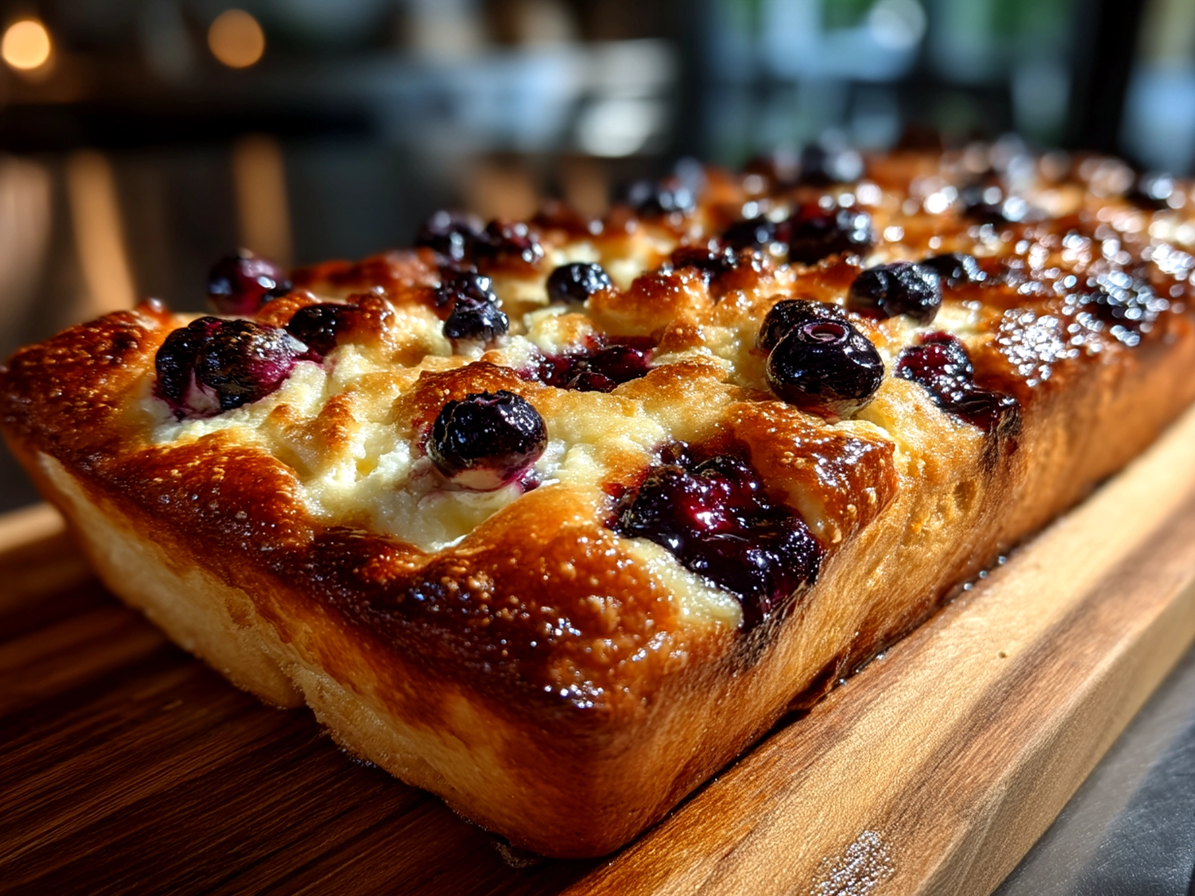 Slice of Blueberry Cheesecake Danish Sourdough Focaccia served on a plate