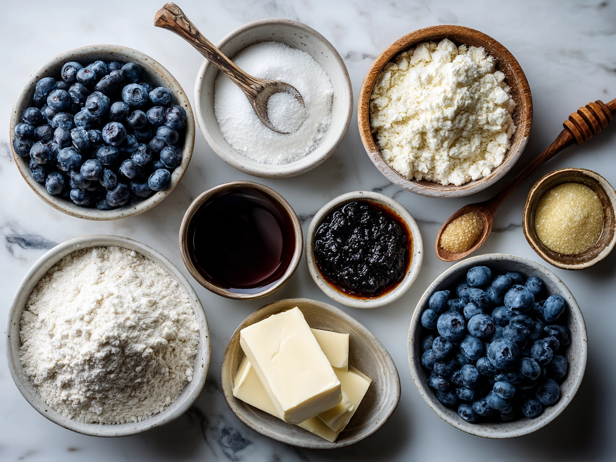 Ingredients for Blueberry Cheesecake Danish Sourdough Focaccia arranged neatly