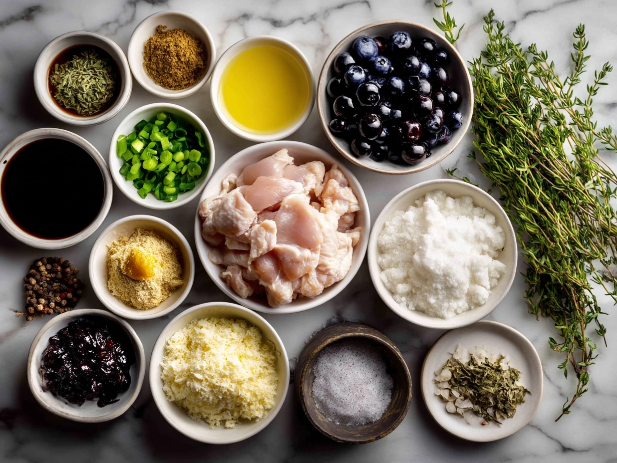 Ingredients for Blueberry Thyme Chicken recipe including blueberries, chicken breasts, honey, thyme, and spices