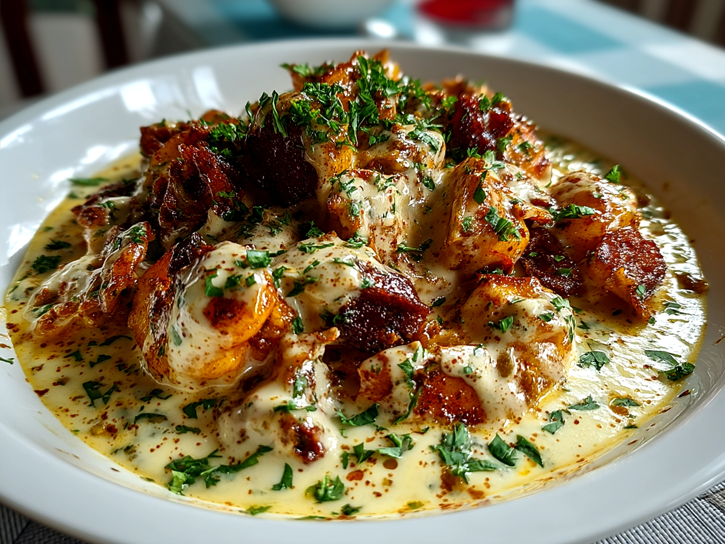 Serving suggestion of Cajun Cream Sauce with grilled chicken, mashed potatoes, and steamed vegetables