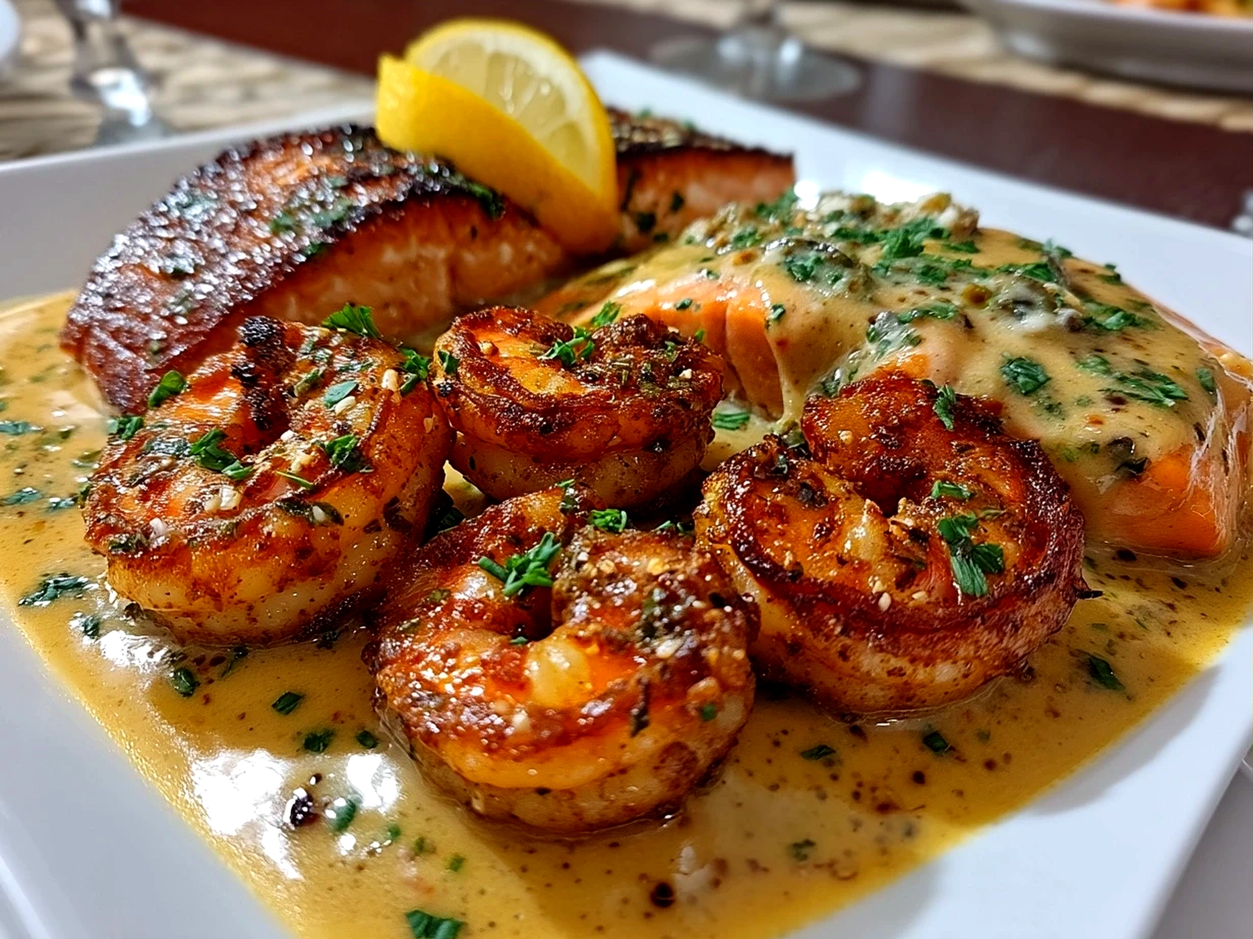 Cajun Shrimp and Salmon with Garlic Cream Sauce served over rice with fresh parsley garnish