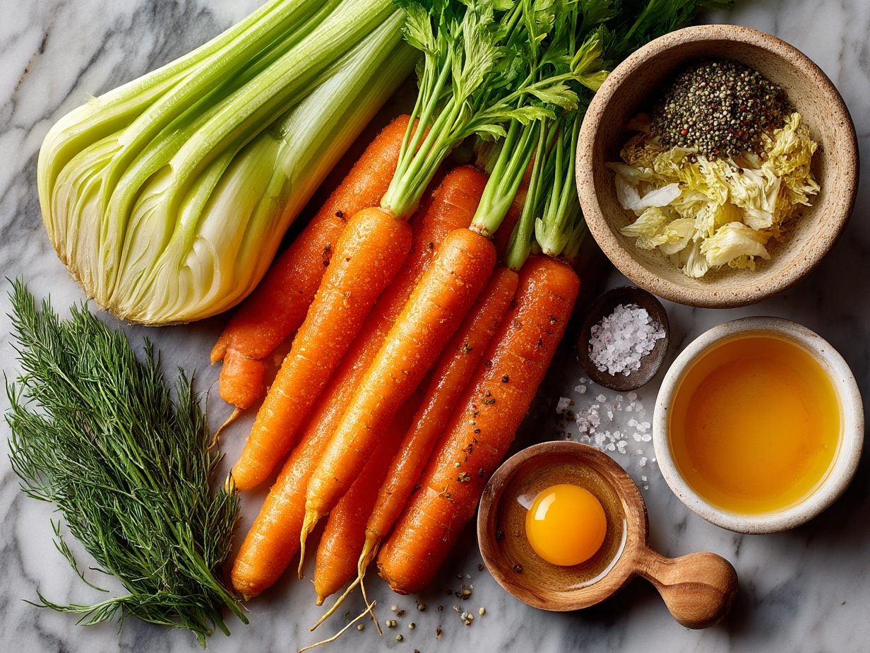Ingredients for carrot and celery soup including chopped carrots, celery, onion, and broth