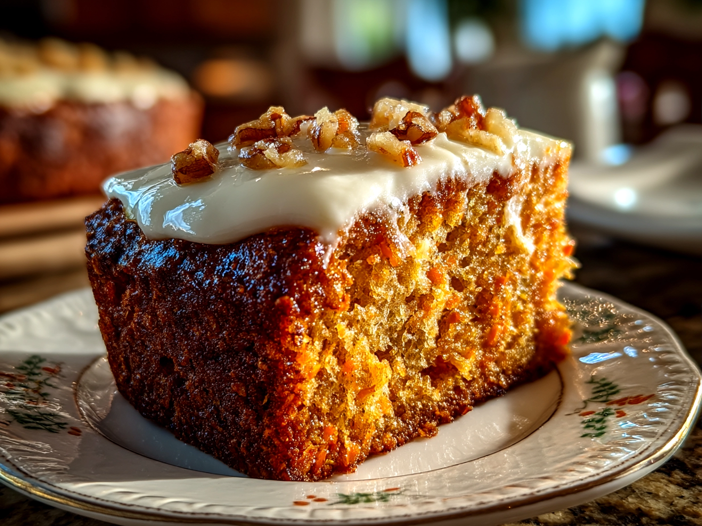 Slice of homemade carrot cake topped with cream cheese frosting on a plate