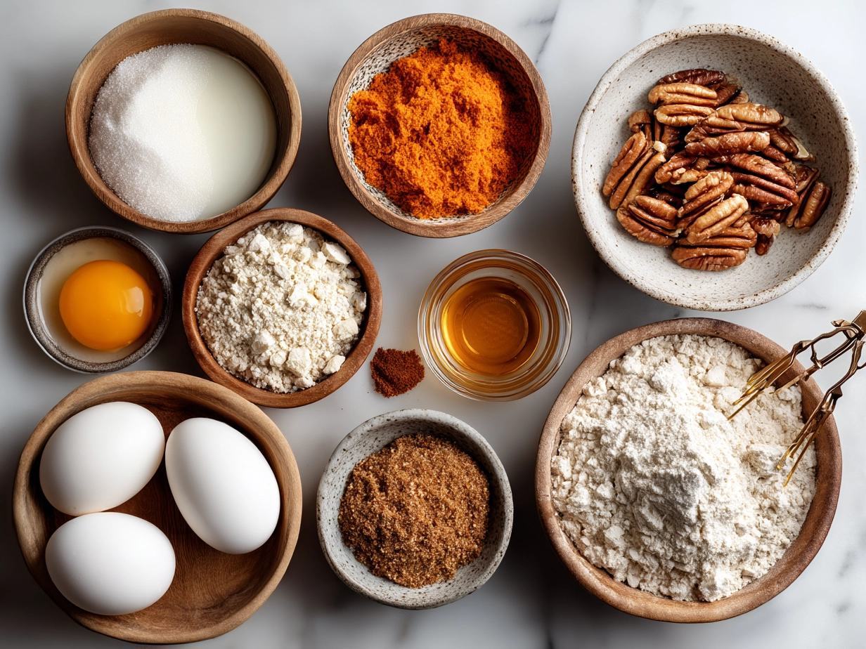 Ingredients for carrot cake including flour, spices, eggs, sugar, oil, vanilla, carrots, and nuts