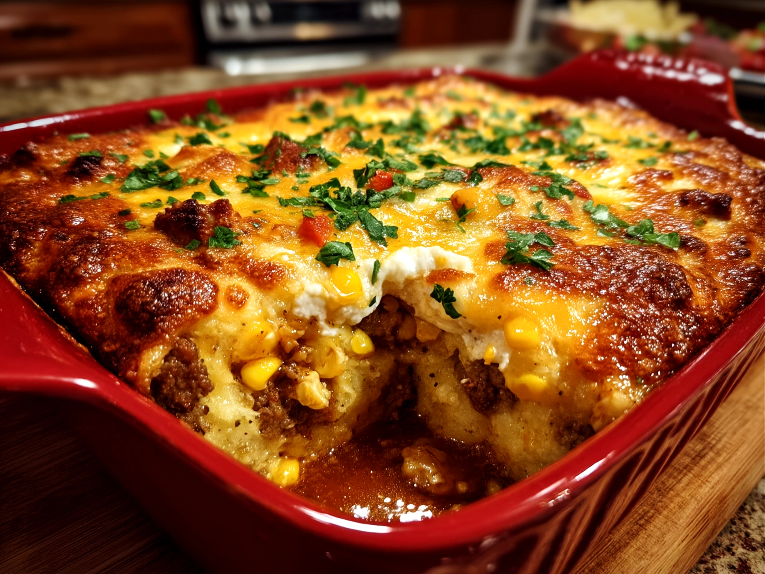 Serving of Cattle Drive Casserole on a plate with fresh salad and dinner rolls