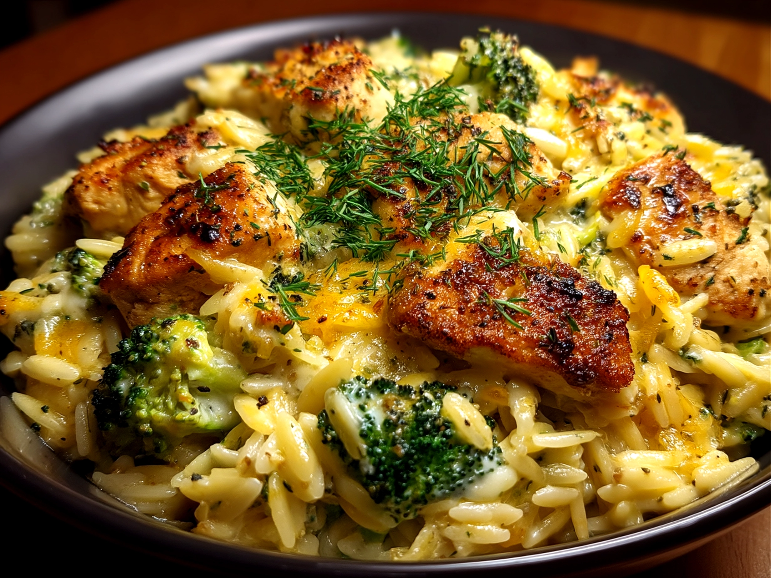 Served Cheesy Chicken Broccoli Orzo on a plate ready to enjoy with vibrant colors and melted cheese.