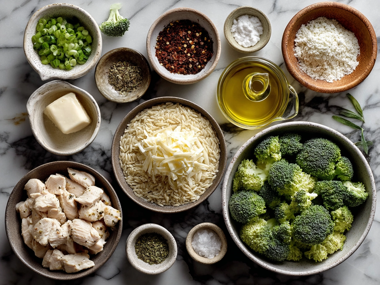 Ingredients for Cheesy Chicken Broccoli Orzo including chicken, orzo pasta, broccoli, garlic, cheese, and broth.