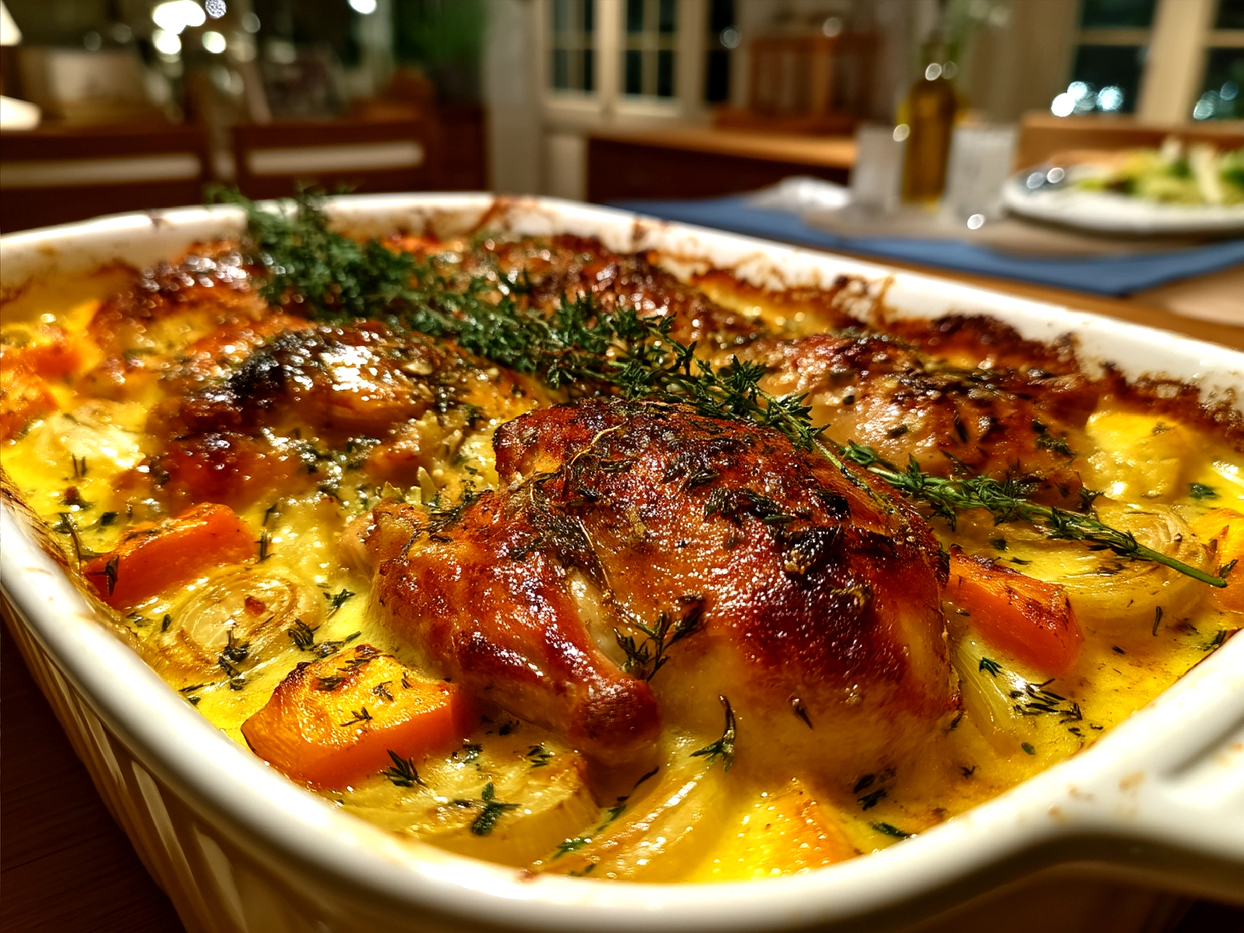 Finished chicken leek and butternut squash bake served on a plate with sides