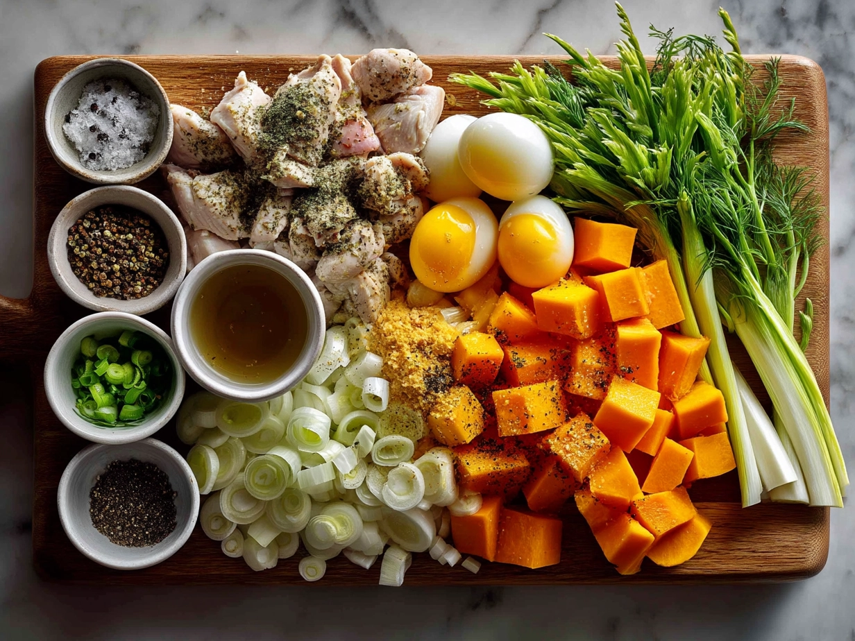 Ingredients for chicken leek and butternut squash bake including chicken thighs, leeks, butternut squash, garlic, cream and cheese