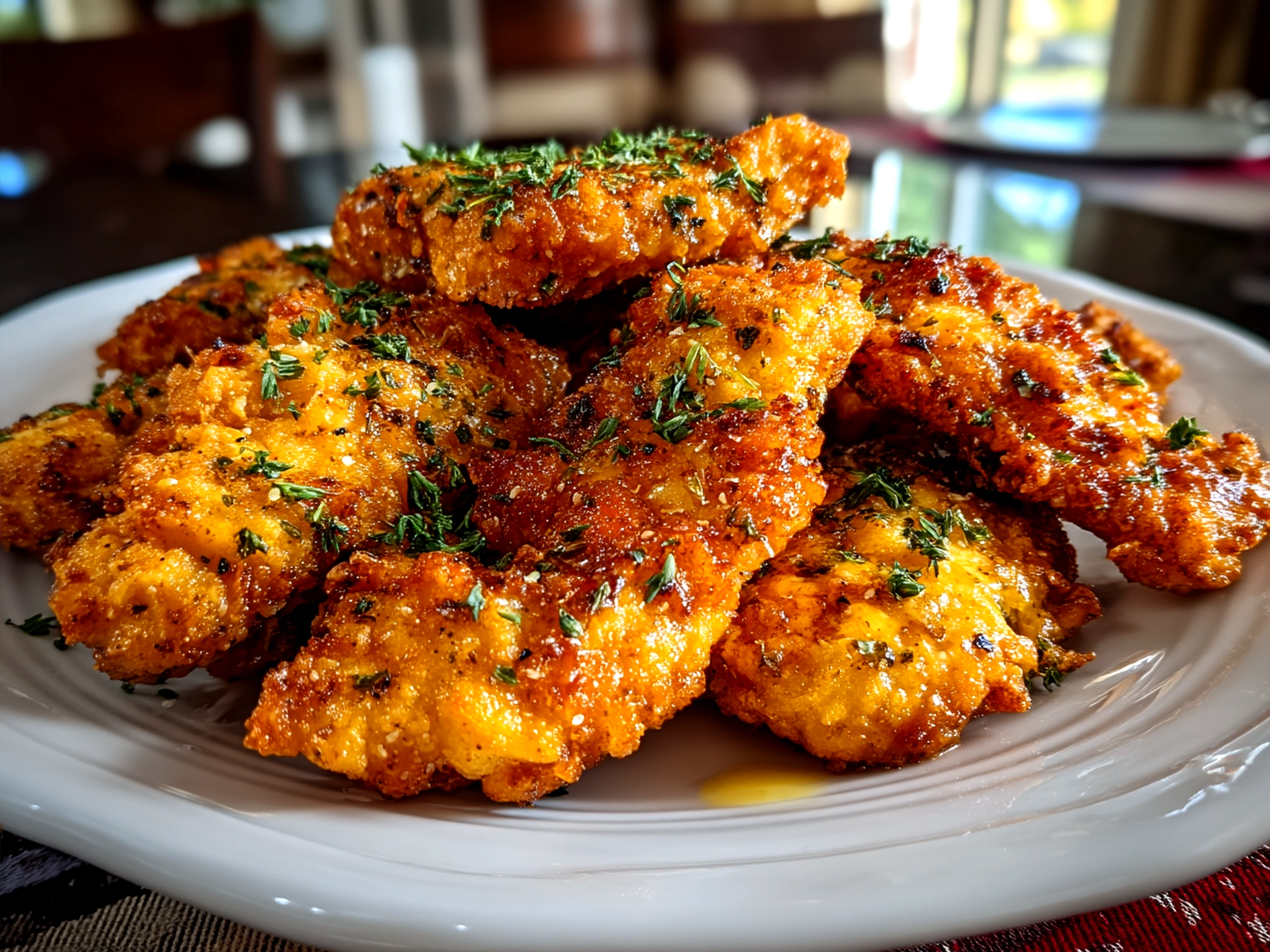 Serving homemade chicken tenders with sides like sweet potato fries and veggies