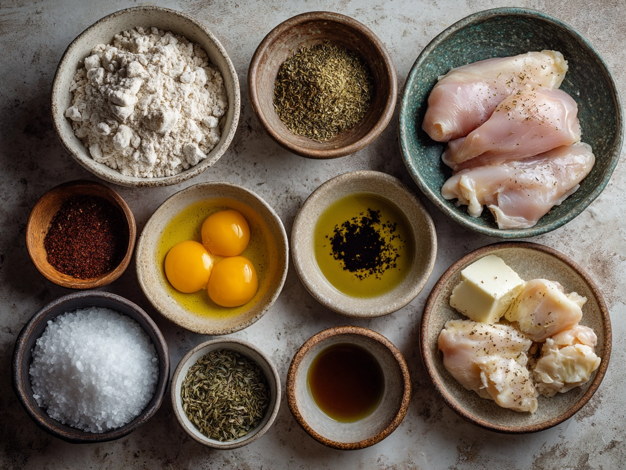 Ingredients for homemade chicken tenders including flour, eggs, panko breadcrumbs, and spices