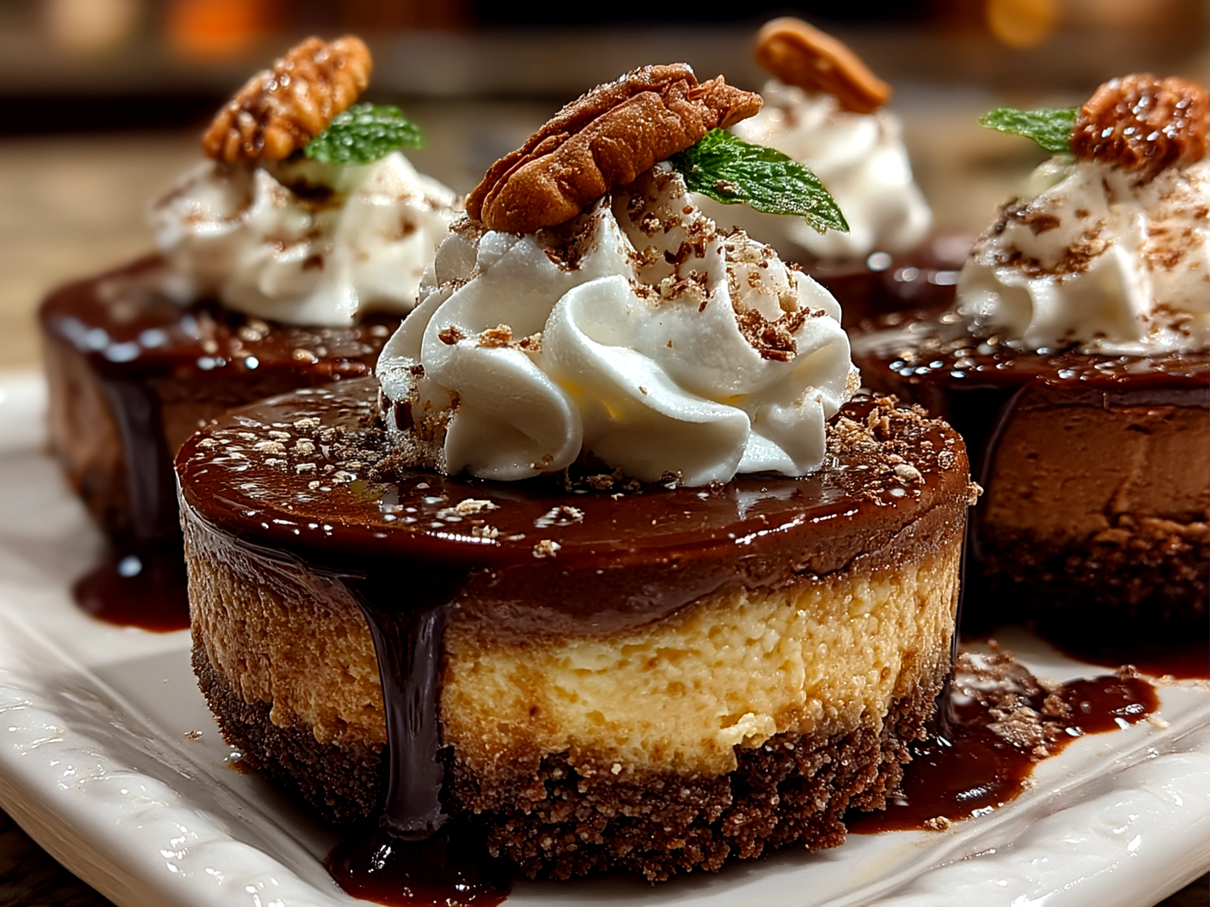 Finished Chocolate Gnome Cheesecakes decorated with whimsical gnome edible toppers, ready to serve.