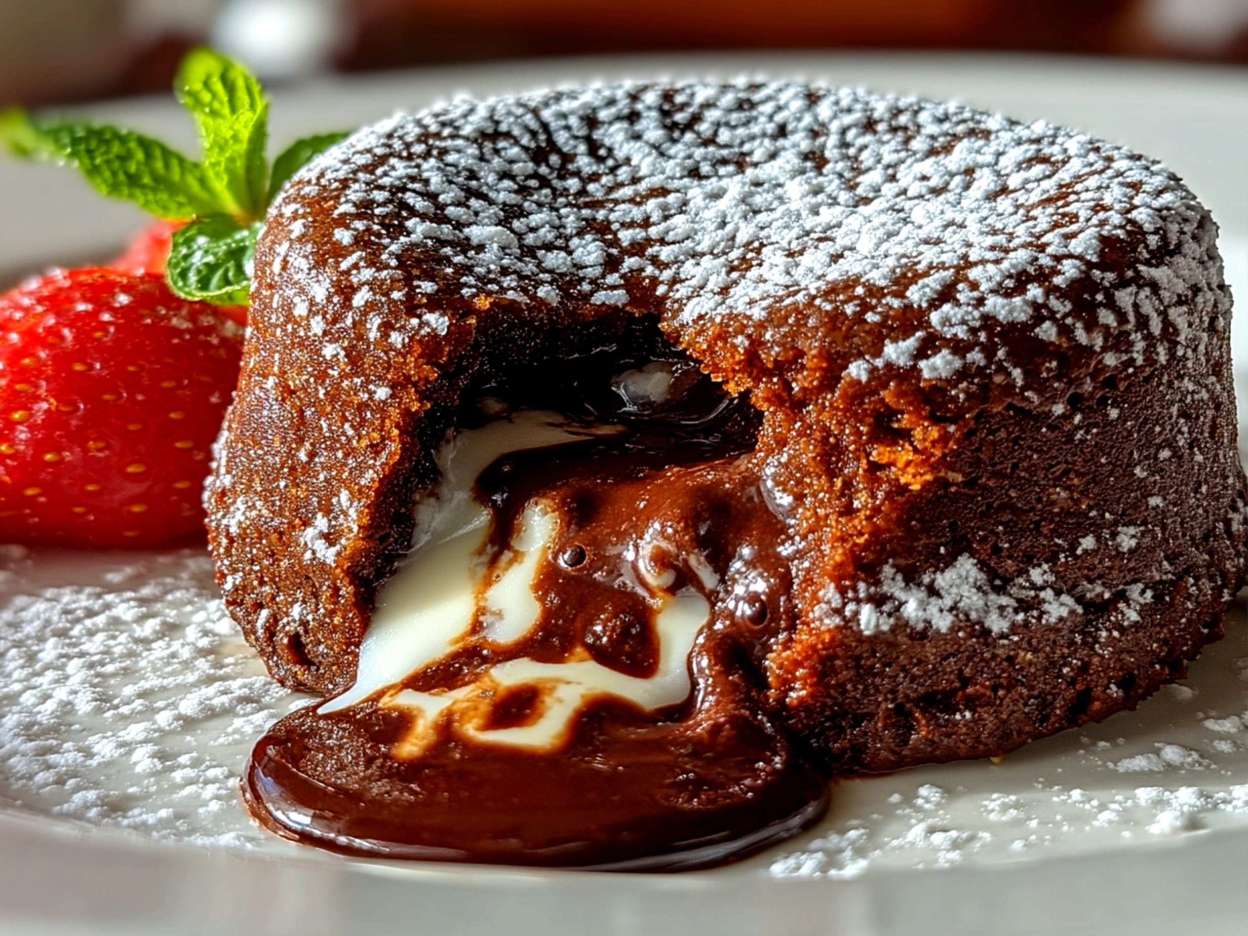 Serving of warm chocolate lava cake with whipped cream and fresh fruit