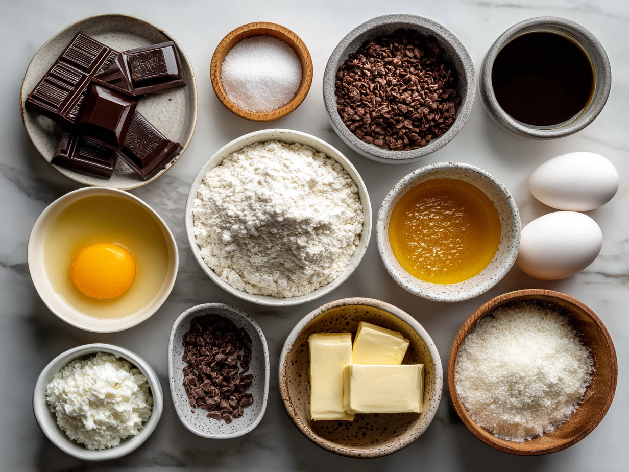 Ingredients for a simple chocolate lava cake on a wooden surface