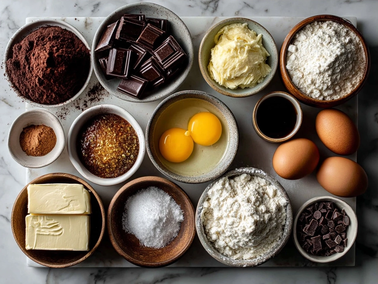 Ingredients for making Chocolate Mousse Brownies including butter, sugar, cocoa, eggs, flour, heavy cream, and chocolate chips