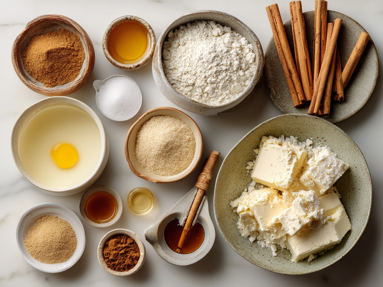 Ingredients for Cinnamon Roll Cheesecake Cookies laid out on a kitchen surface