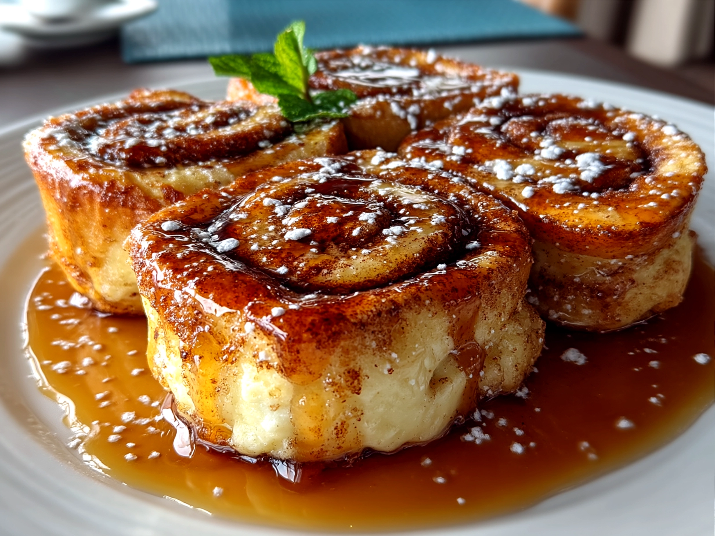 Serving Cinnamon Roll French Toast with maple syrup drizzle and fresh berries