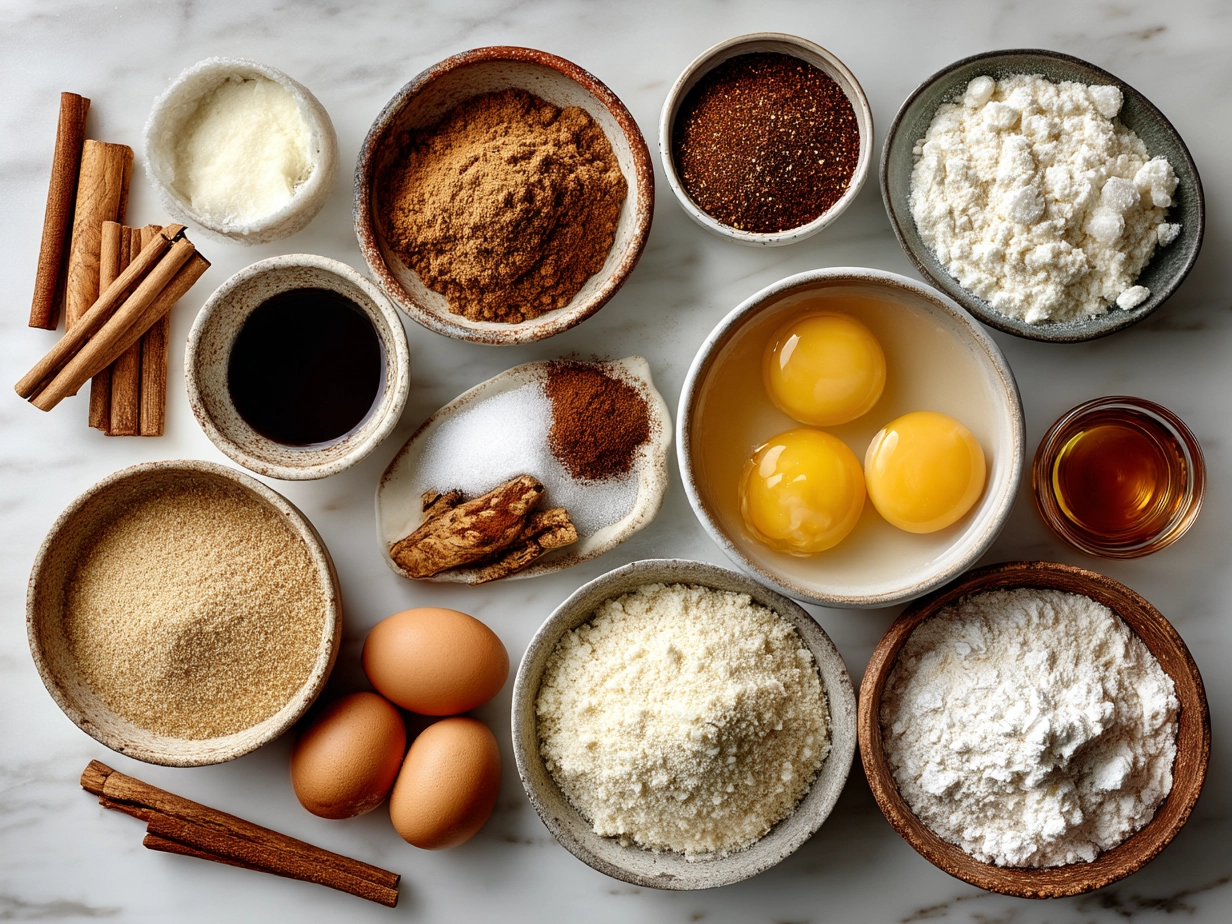 Ingredients for Cinnamon Roll French Toast including eggs, milk, cinnamon roll bread and spices