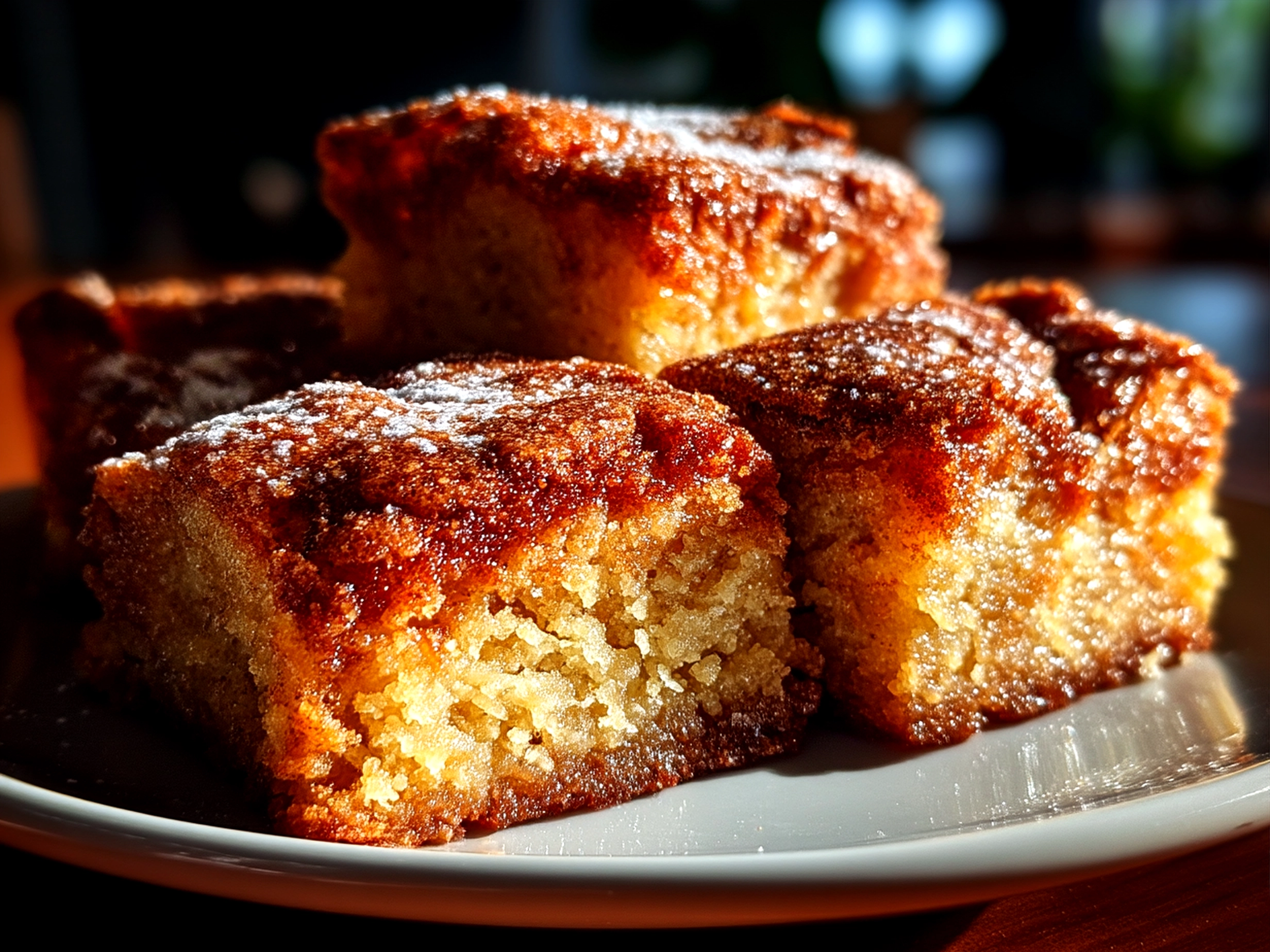 A plate of freshly cut cinnamon sugar blondies served warm