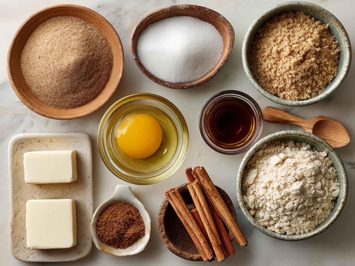 Ingredients to make cinnamon sugar blondies laid out on a table