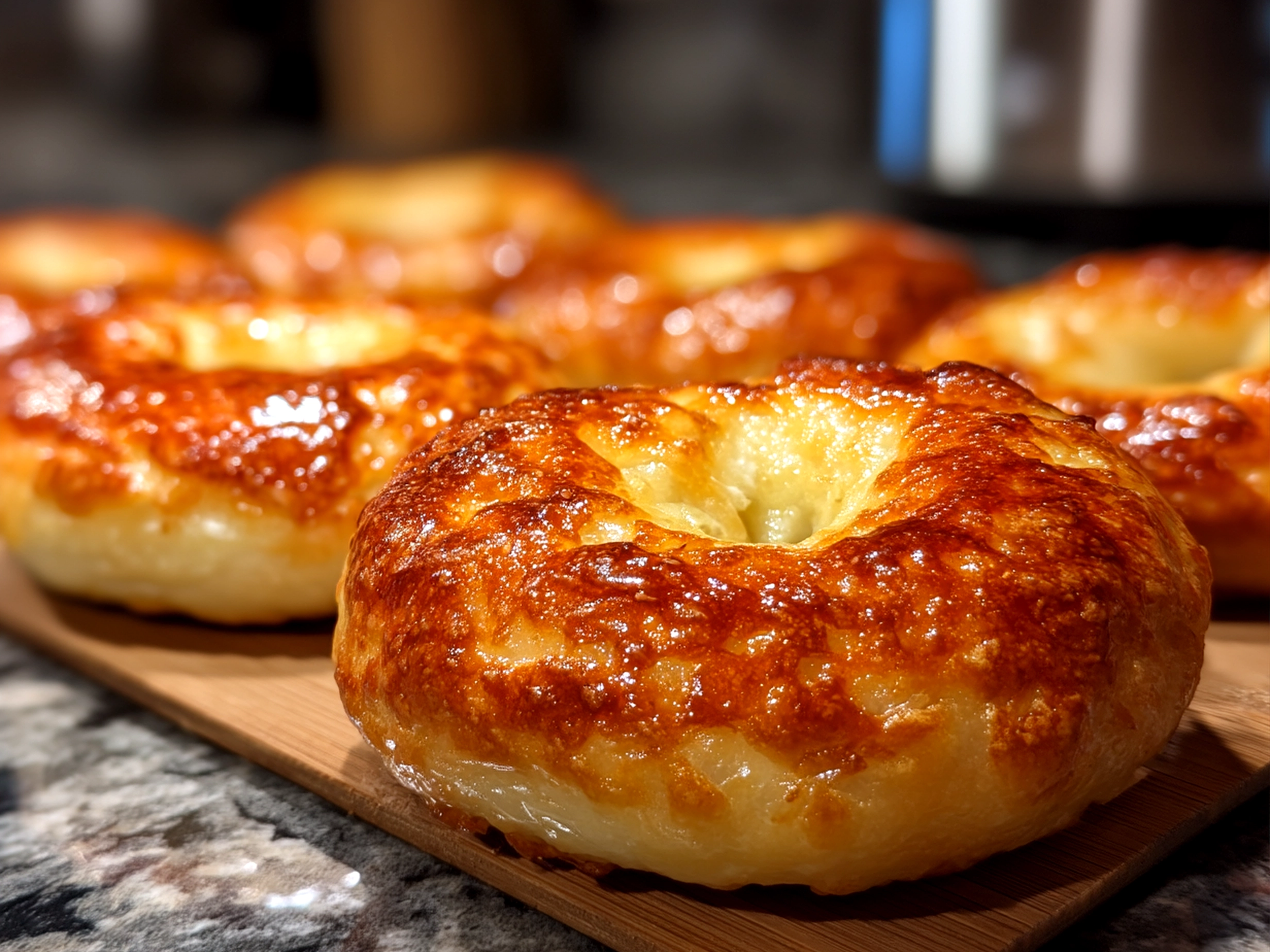 Close-up of finished apple pie bagels with fresh garnish