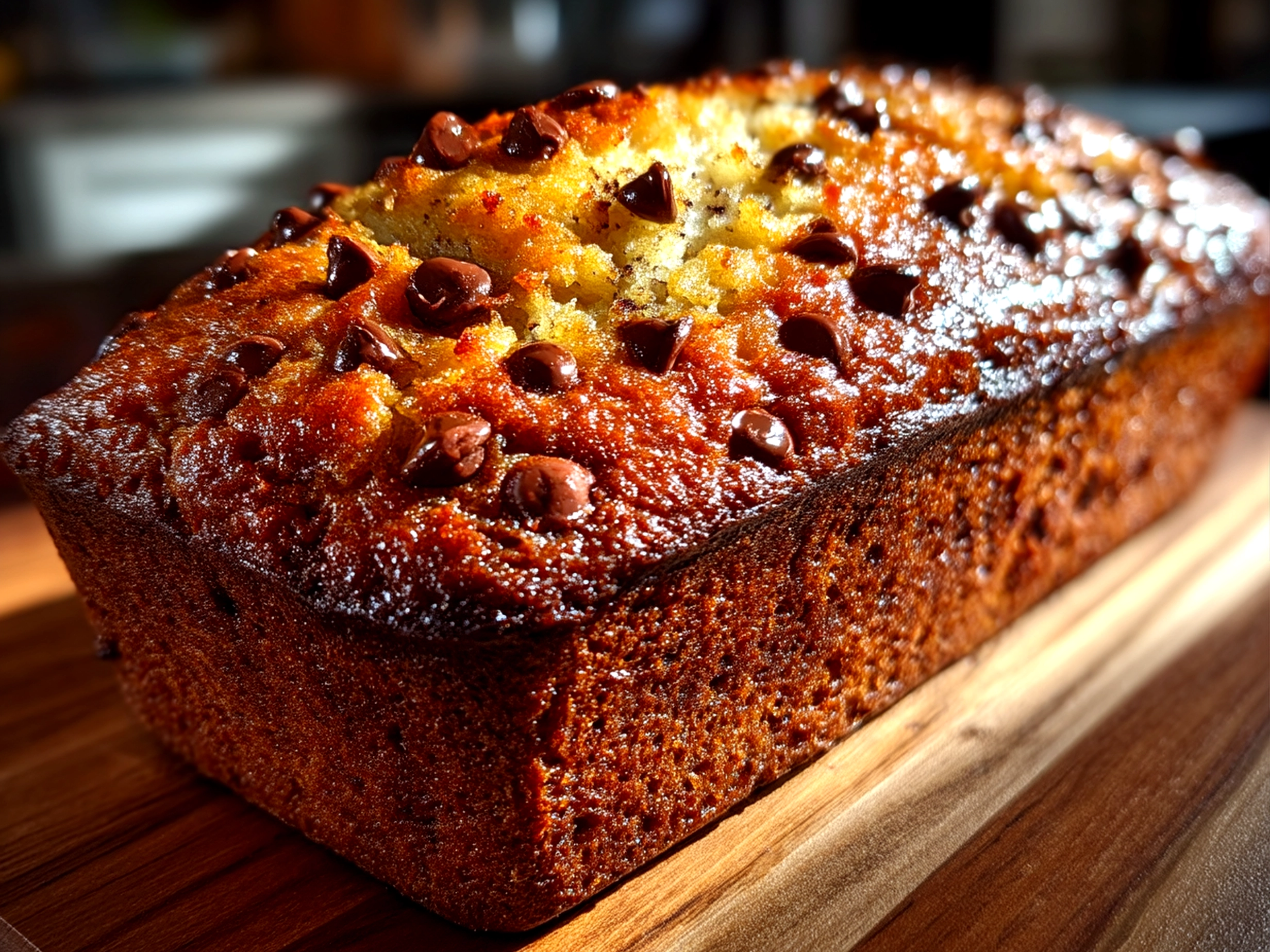 Close-up of finished delicious chocolate chip banana bread