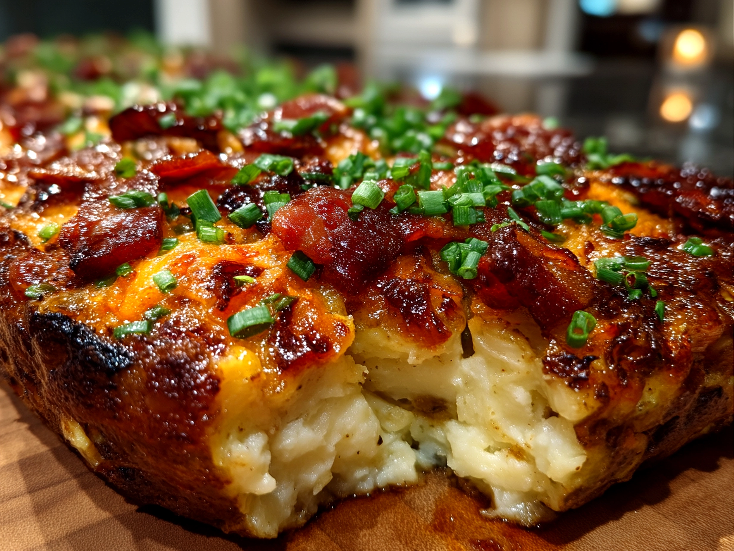 Close up of finished loaded potato meatloaf with fresh chives garnish