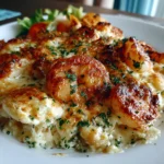 Close-up of creamy seafood gratin on a white plate