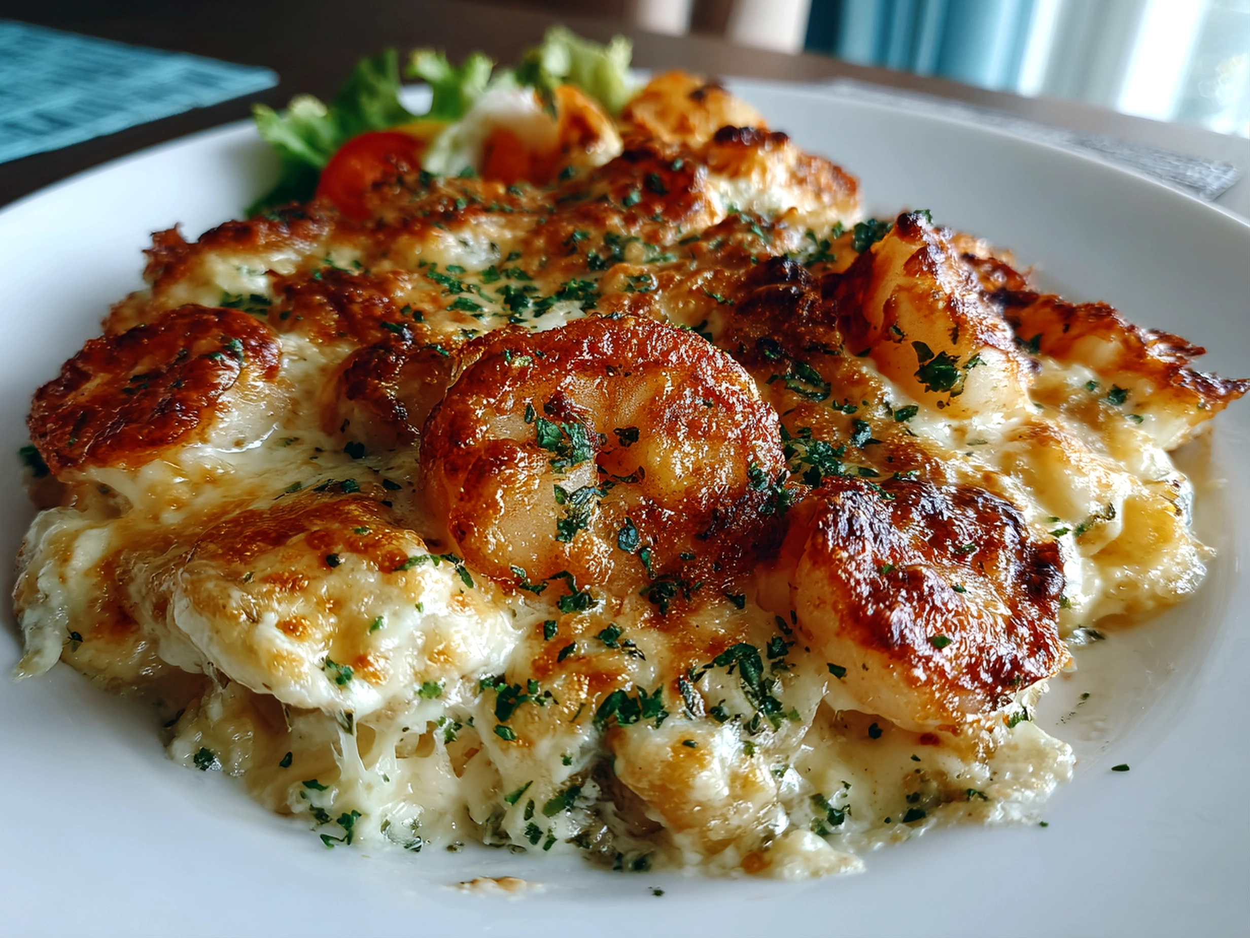 Close-up of creamy seafood gratin on a white plate