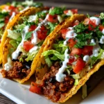 Close-up of crispy baked ground turkey black bean tacos on white plate