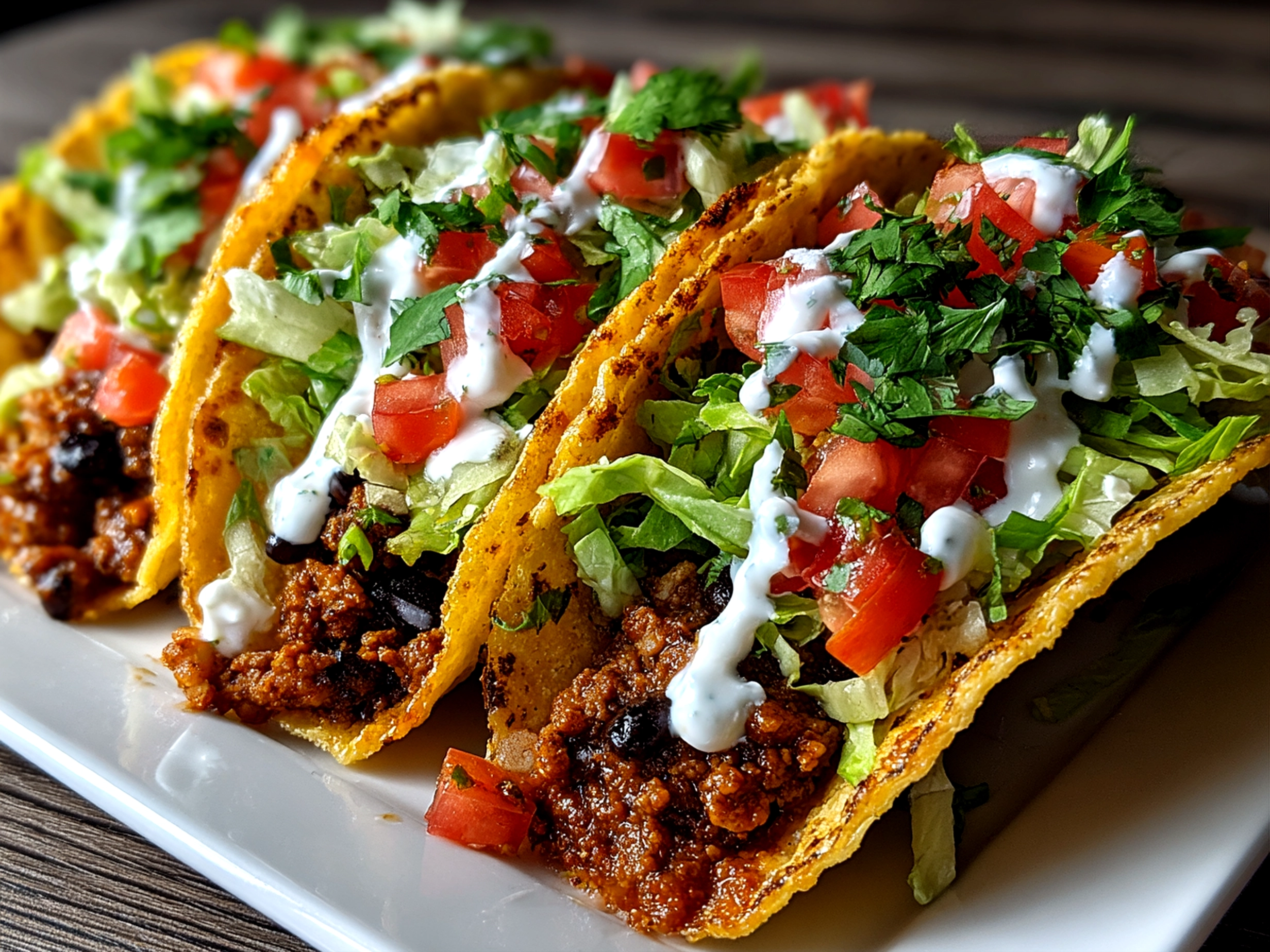 Close-up of crispy baked ground turkey black bean tacos on white plate