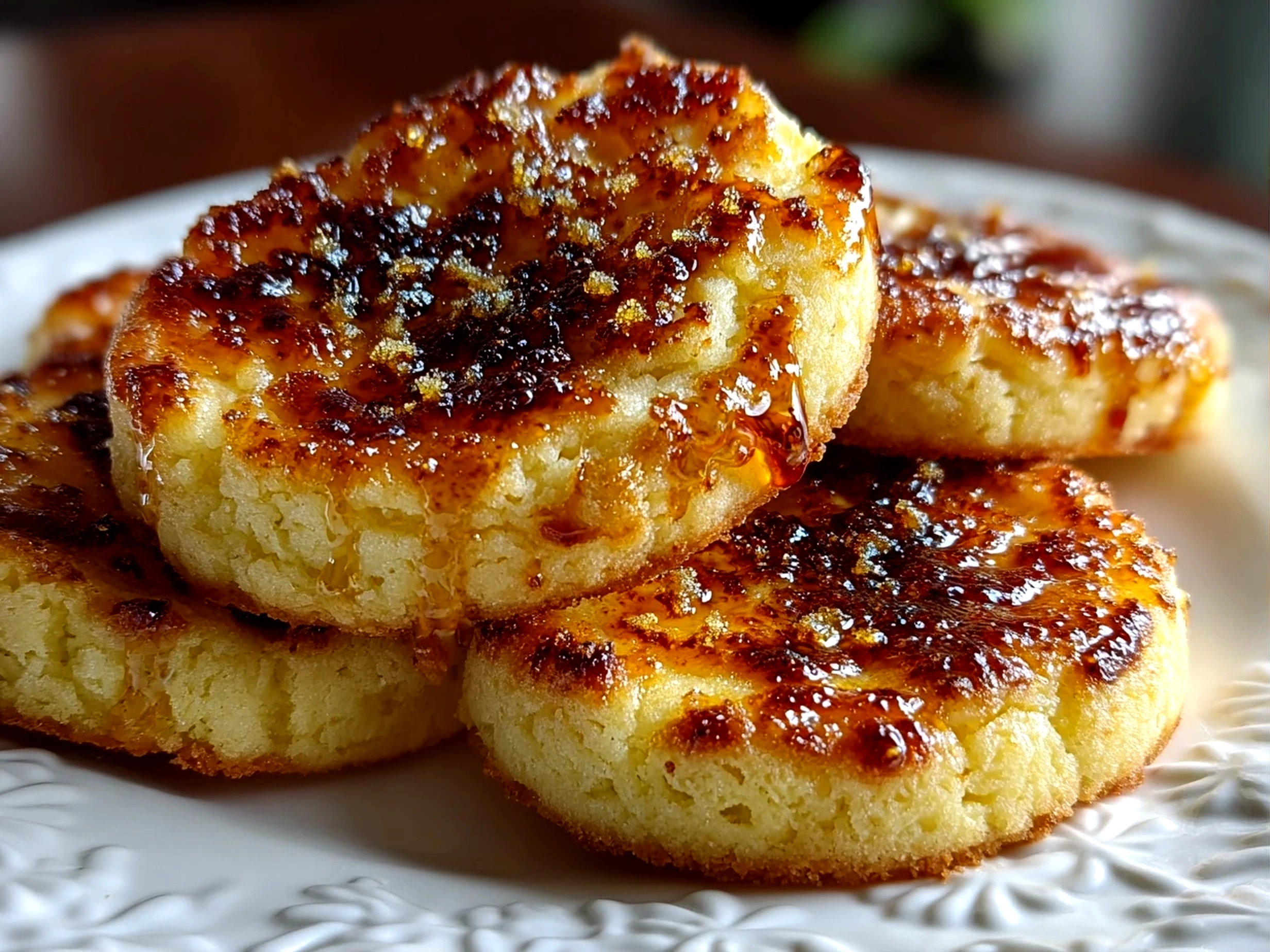 Close-up slight angle of freshly prepared creme brulee cookies on white plate