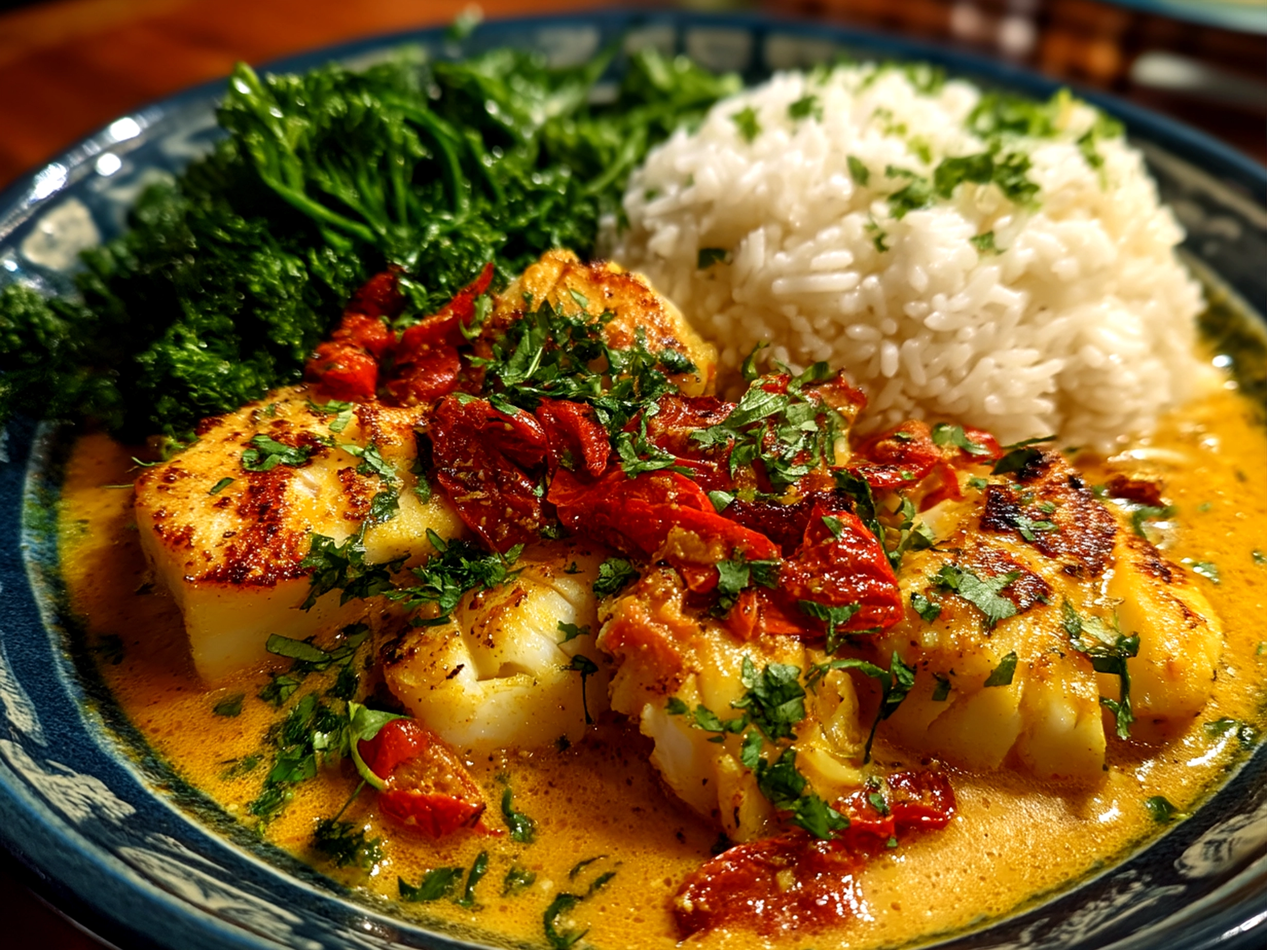 Serving Coconut Curry Baked Cod with rice and fresh herbs on the table