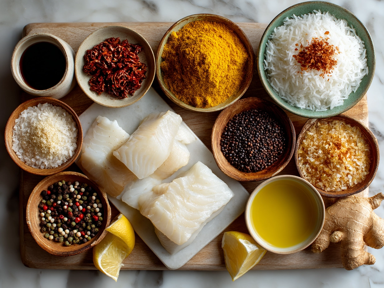 Ingredients for Coconut Curry Baked Cod including coconut milk, cod fillets, red curry paste, onions, and spices