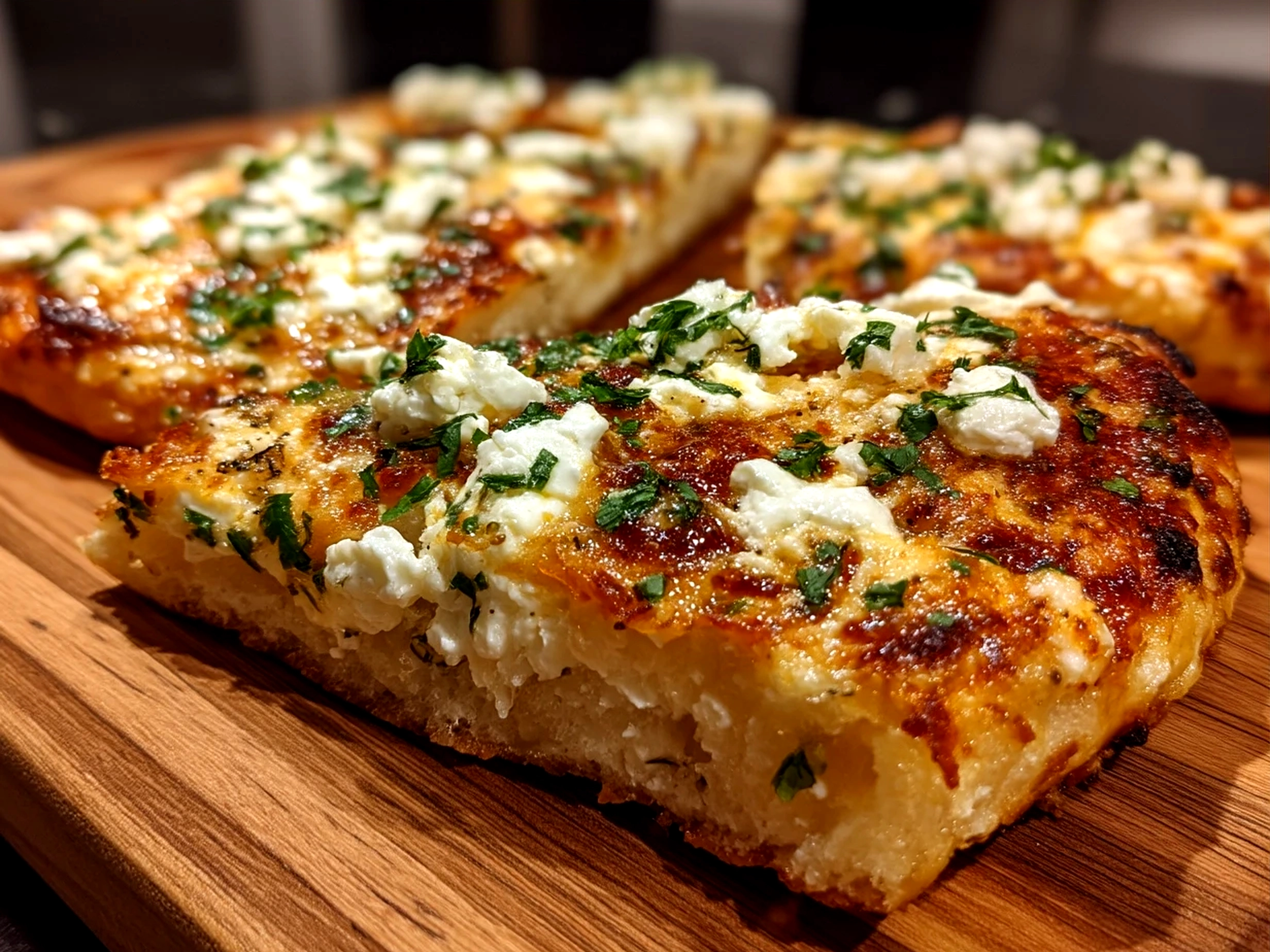 Serving suggestion of cozy and delicious cottage cheese flatbread pizza with fresh salad