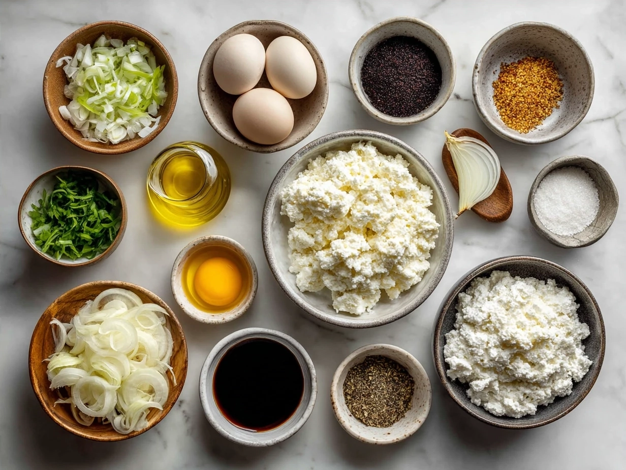 Ingredients for cottage cheese flatbread pizza including cottage cheese, eggs, flour, cheese and veggies