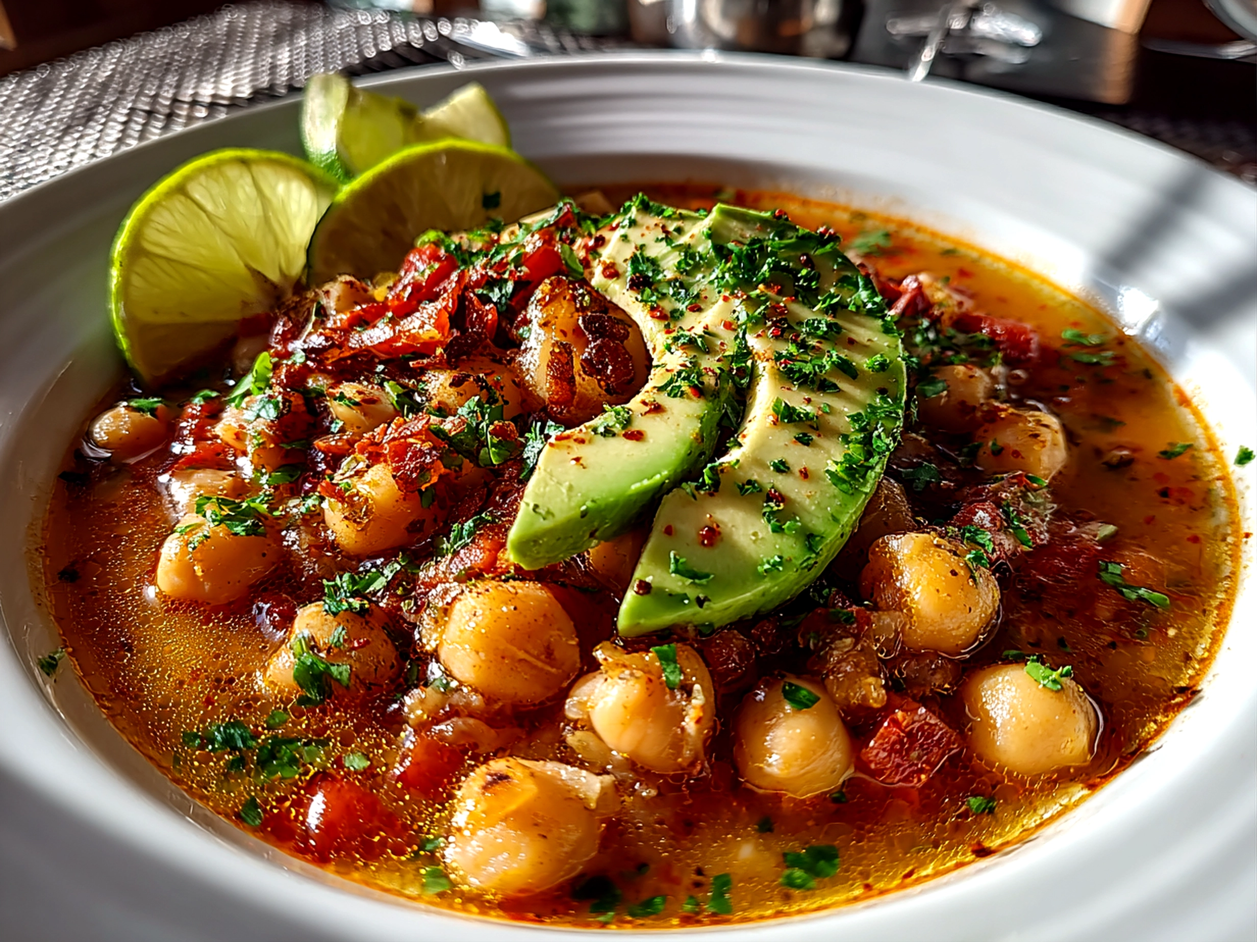 cozy vegan white chickpea chili close-up