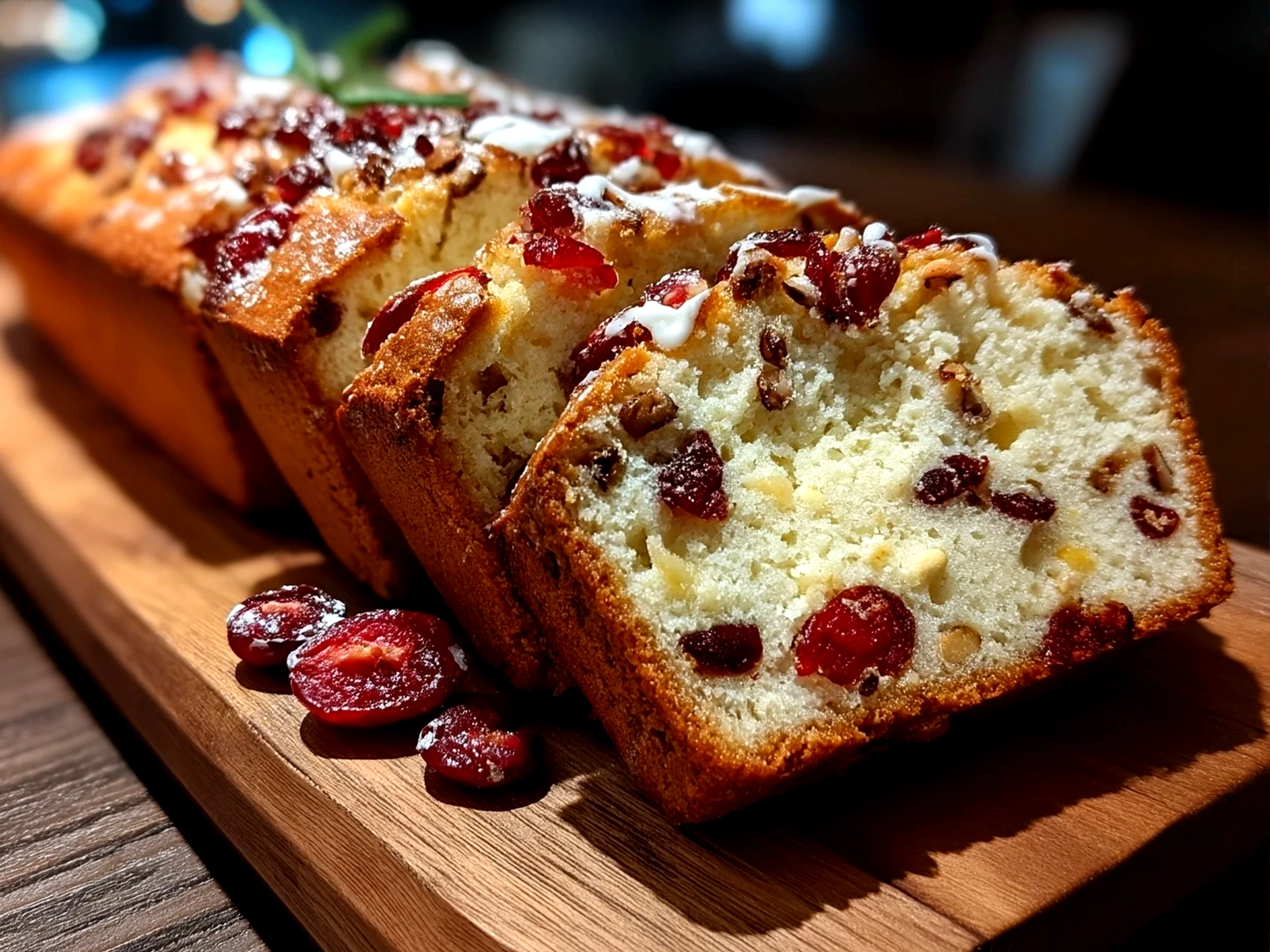Freshly sliced cranberry bread served on a plate with butter