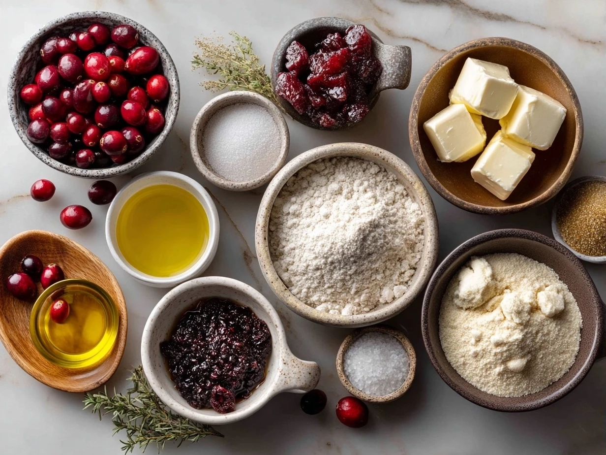 Ingredients for cranberry bread laid out on a wooden table including flour, sugar, cranberries, eggs and orange zest