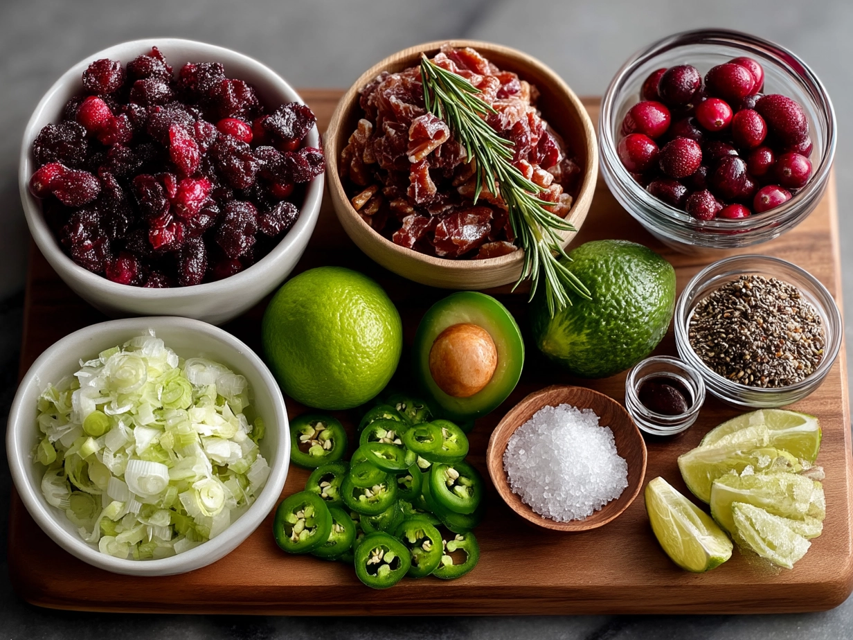 Ingredients for Cranberry Jalapeno Dip including cream cheese, cranberry sauce, jalapenos, lime, and spices