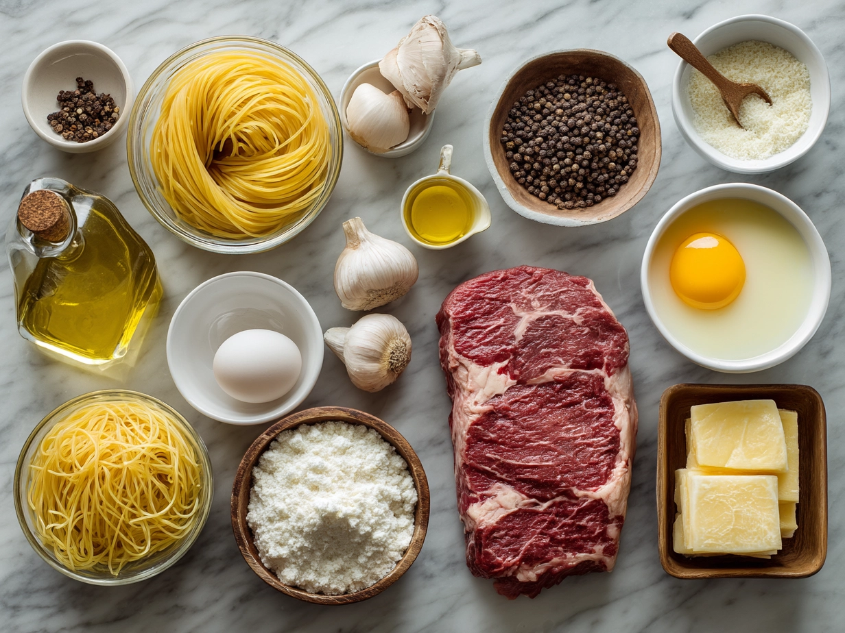 Ingredients for creamy beef pasta including ground beef, pasta, onion, garlic, cream, broth, cheeses, tomato paste, and spices