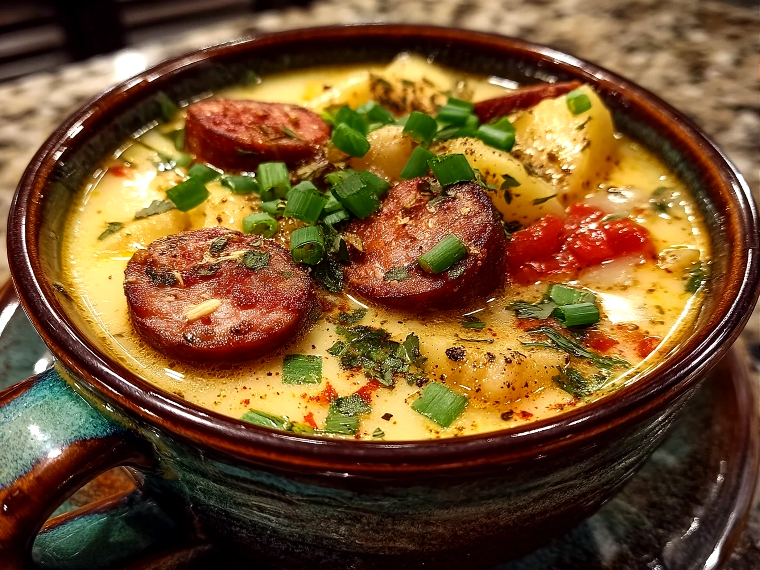 Serving bowl of Creamy Cajun Potato Soup with Andouille Sausage