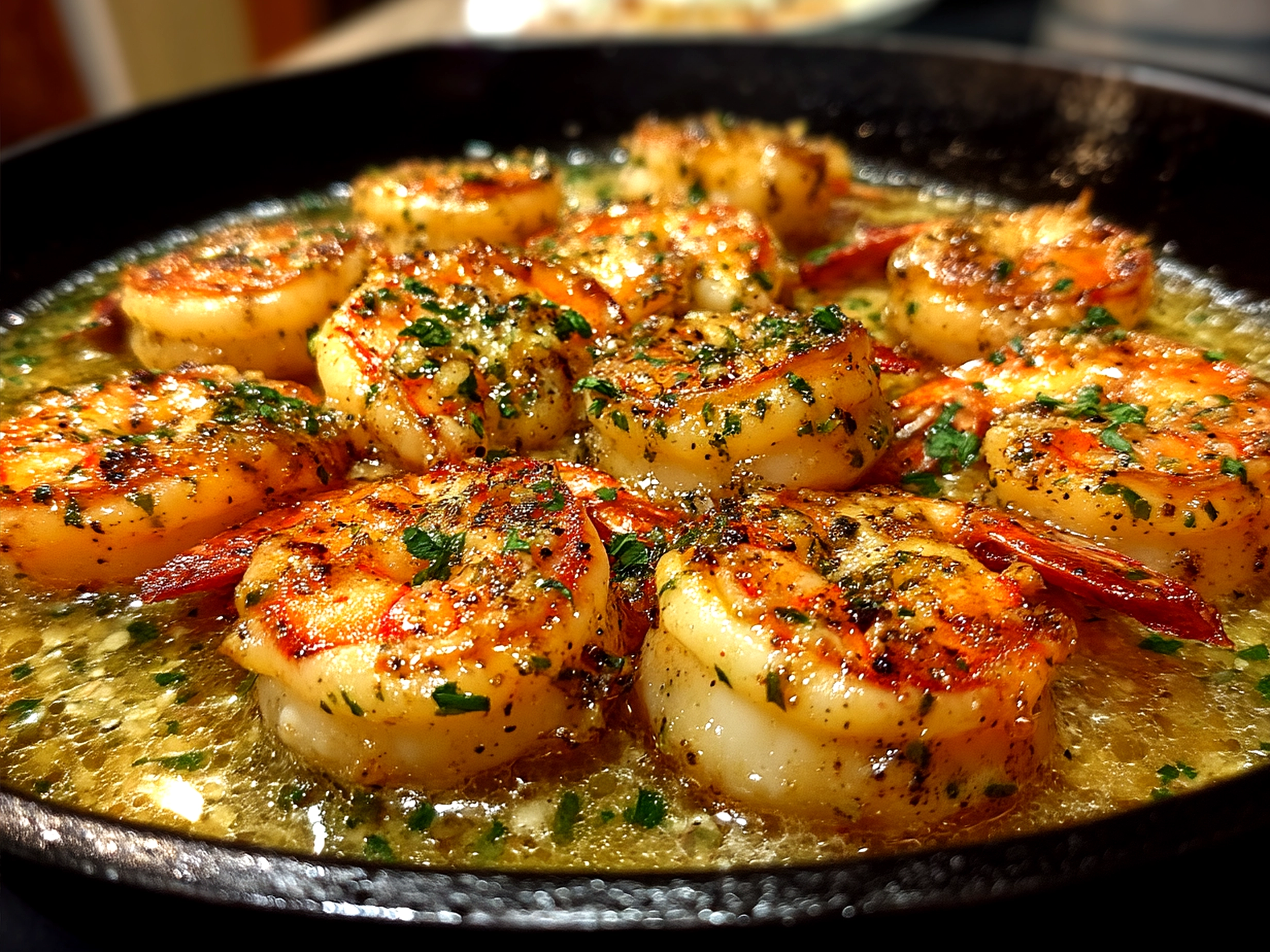 Creamy garlic butter shrimp served over pasta with parsley garnish