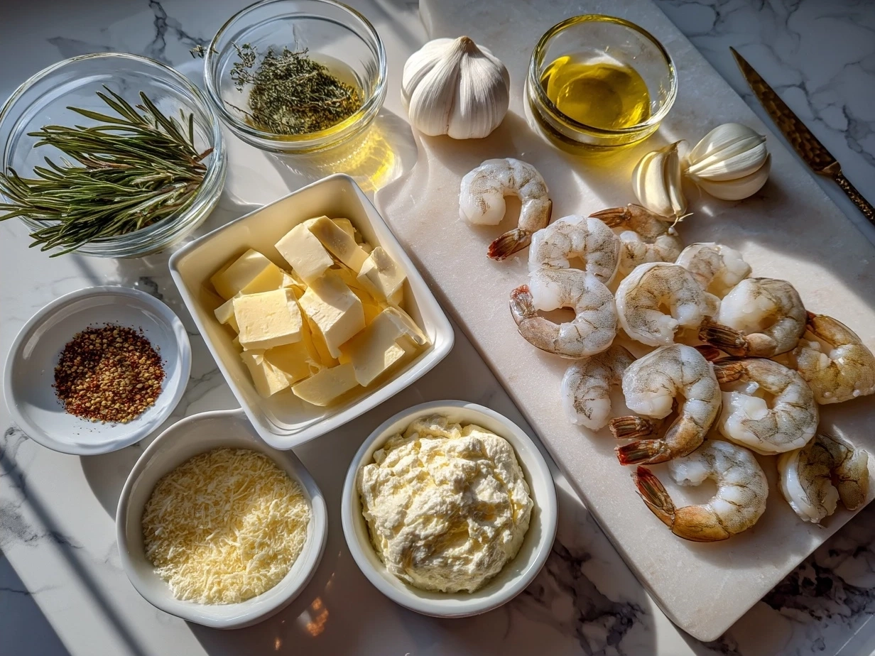Ingredients for creamy garlic butter shrimp including shrimp, garlic, butter, and cream